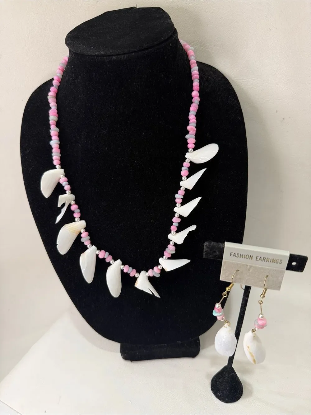 Tropical Pink White Blue Shell Bead Necklace & Matching Pierced Dangle Earrings